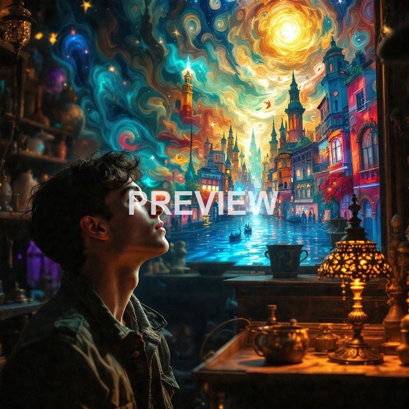 A young man sitting indoors looks up at a vibrant, surreal painting of a fantastical cityscape with towering spires, swirling clouds, and a glowing moon, with warm and cool tones creating a dreamy atmosphere.